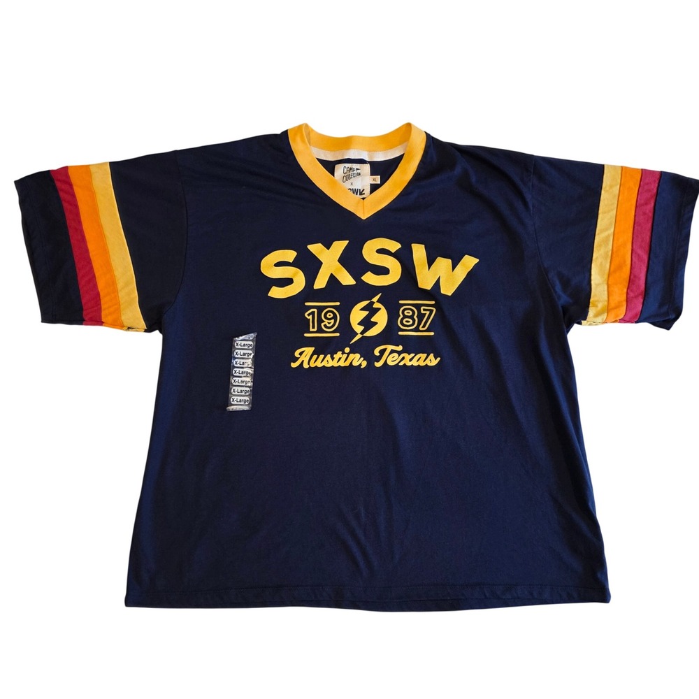 Camp Collection x SXSW Austin Texas 1987 Retro Stripe V-Neck T-Shirt Navy XL NEW